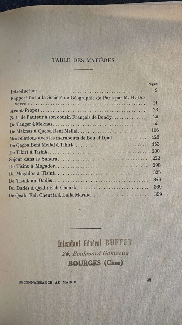 Vicomte Ch. de Foucauld. Reconnaissance au Maroc : Journal de route conforme à l'édition de 1888 et augmenté de fragments inédits rédigés par l'auteur pour son cousin François de Bondy. Livre ayant appartenu à l'intendant Général Buffet . – Image 2