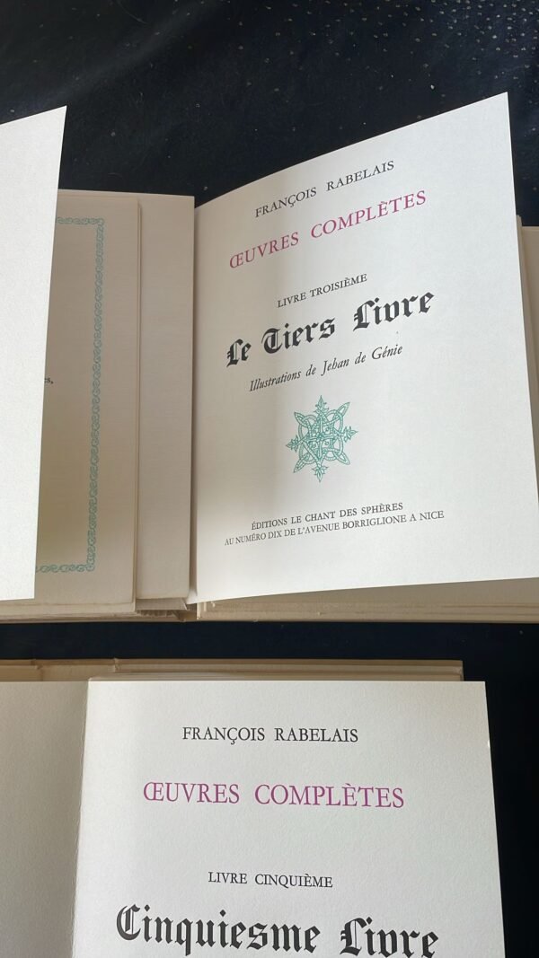 RABELAIS, François - Jehan de Génie (Pseudonyme de GRADASSI). ‎ ‎Oeuvres Complètes : Tome I. Gargantua - Tome II. Pantagruel - Tome III. Le Tiers Livre - Tome IV. Le Quart Livre - Tome V. Le Cinquiesme Livre (5 volumes).‎ – Image 3