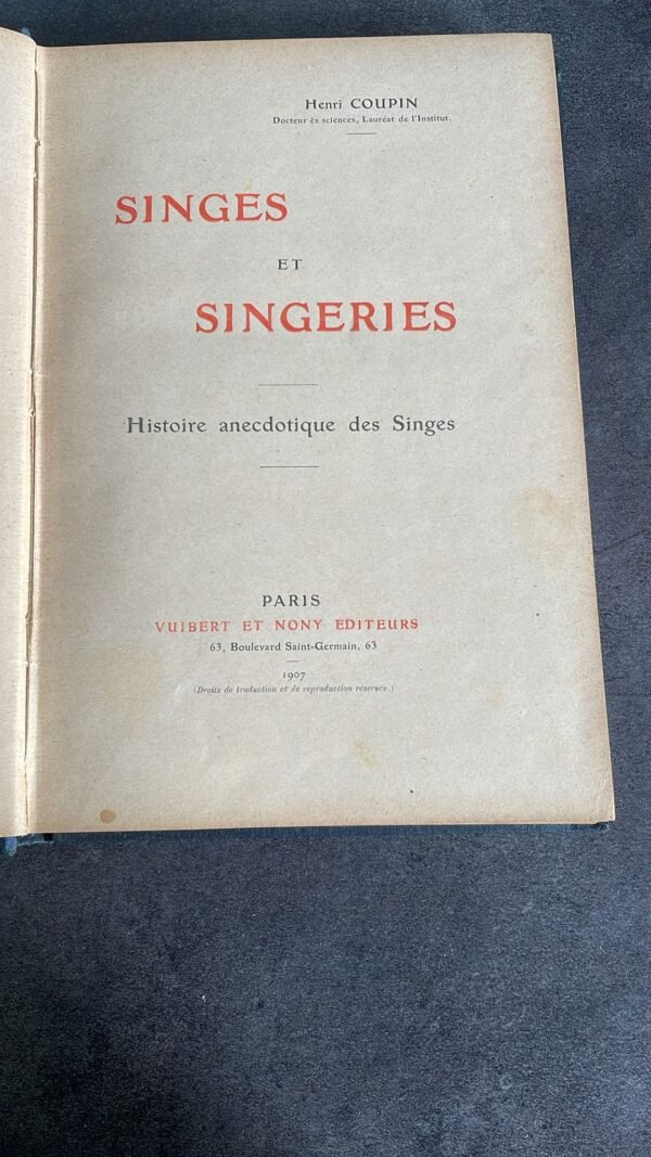 SINGES ET SINGERIES par HENRI COUPIN Histoire anecdotique des singes. Ville de Paris Prix Municipal. – Image 4
