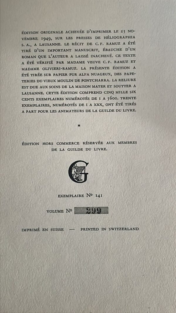 FIN DE VIE. RECIT. de C.F. Ramuz  Précédé de Ramuz à l'œil d'épervier par Jean Paulhan.    Edition Hors Commerce Réservée Aux Membres De La Guilde Du Livre. Exemplaire N° 141 / Volume N° 299. – Image 3